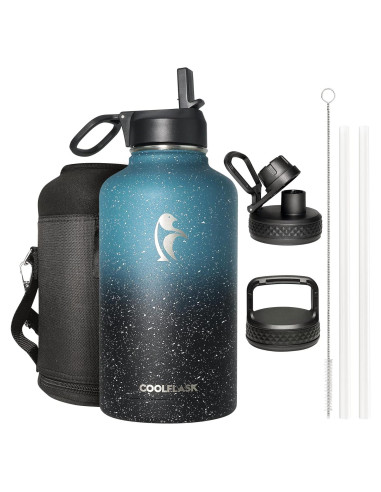 Botella de Agua Aislada Coolflask 1.89L Turquesa con 3 Tapas