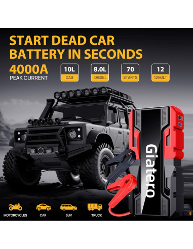 Arrancador de Coche Giatero 4000A 12V con Linterna LED