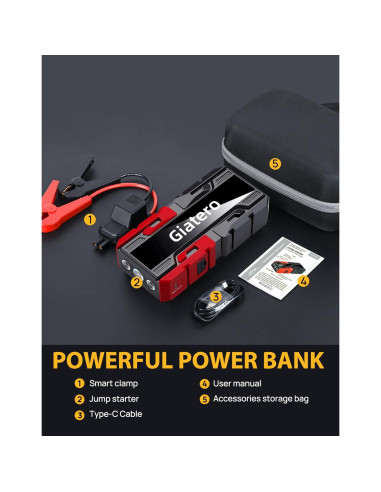 Arrancador de Coche Giatero 4000A 12V con Linterna LED