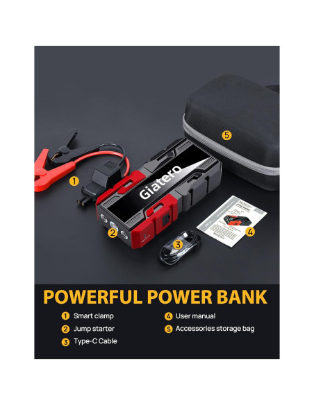 Arrancador de Coche Giatero 4000A 12V con Linterna LED