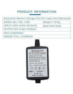 Cargador de Batería 12V 1300mA Beikal con Protección LED 2