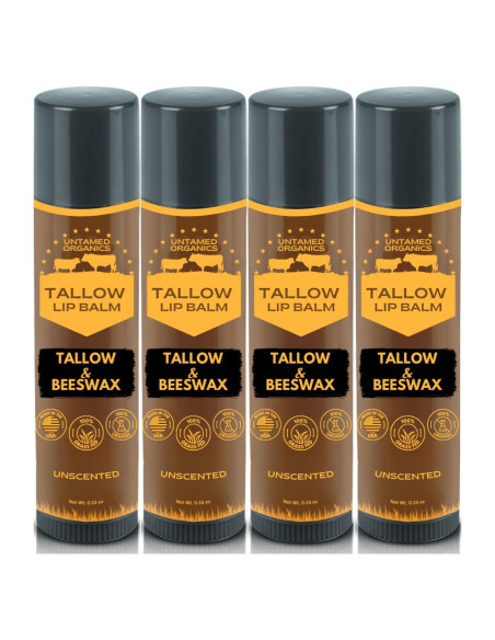 Bálsamo Labial Untamed Organics | 100% Sebo Puro y Cera Orgánica | Hidratante para Labios Secos | Paquete de 4