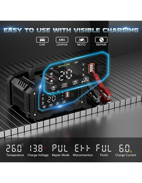 Cargador de Batería ABLY 20A 12V/24V Automático con LCD