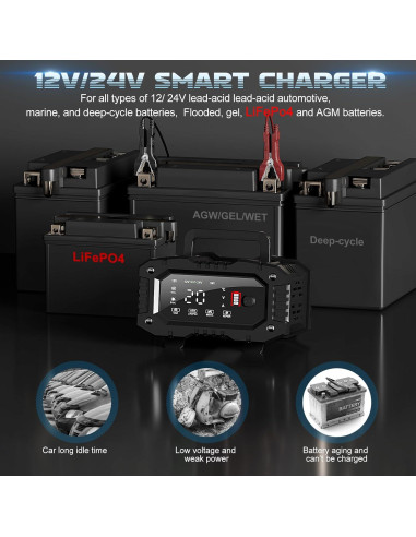 Cargador de Batería ABLY 20A 12V/24V Automático con LCD