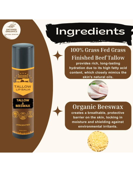 Bálsamo Labial Untamed Organics | 100% Sebo Puro y Cera Orgánica | Hidratante para Labios Secos | Paquete de 4