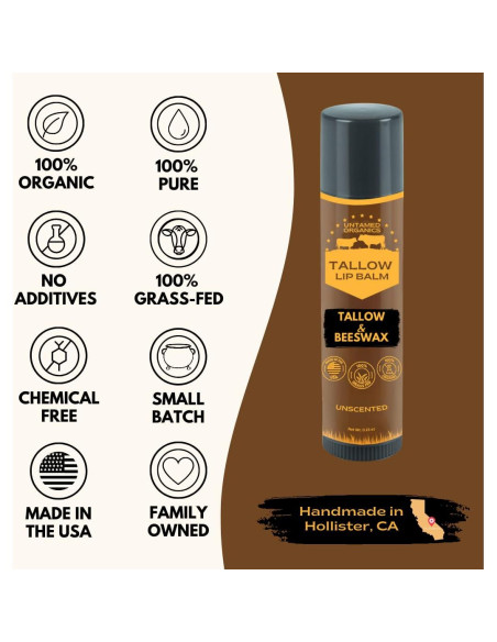 Bálsamo Labial Untamed Organics | 100% Sebo Puro y Cera Orgánica | Hidratante para Labios Secos | Paquete de 4