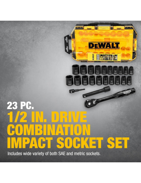 Juego de Enchufes de Impacto DEWALT 23 Piezas Métrico/SAE Juego de Enchufes de Impacto DEWALT 23 Piezas Métrico/SAE