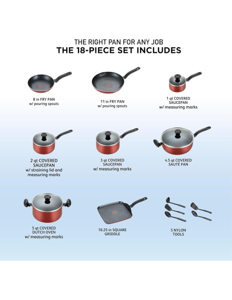 Juego de cocina T-fal Initiatives 18 piezas rojo antiadherente