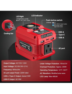 Inversor 220W Azocek para Batería Milwaukee 18V USB-C LED 2
