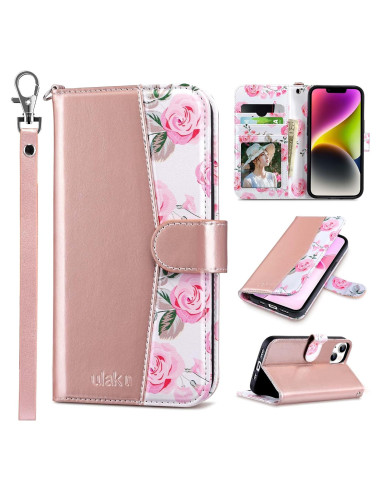 Funda Cartera ULAK para iPhone 14 Oro Rosa con Soporte