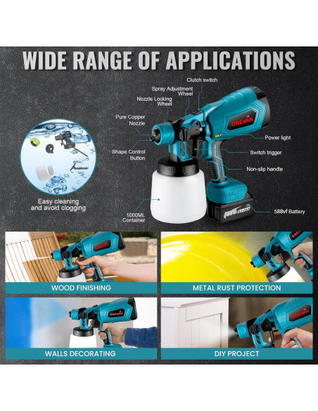 Pulverizador de Pintura Inalámbrico ONEVAN 1000ml 21V 3 Boquillas Pulverizador de Pintura Inalámbrico ONEVAN 1000ml 21V 3 Boquillas
