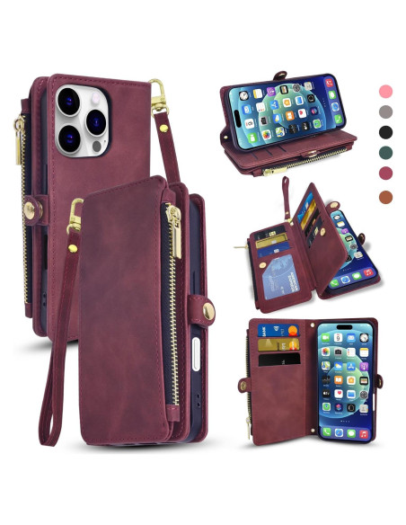 Funda Billetera OIMBWR para iPhone 16 Pro Max Rojo Vino