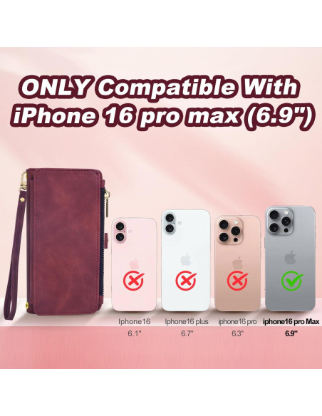Funda Billetera OIMBWR para iPhone 16 Pro Max Rojo Vino