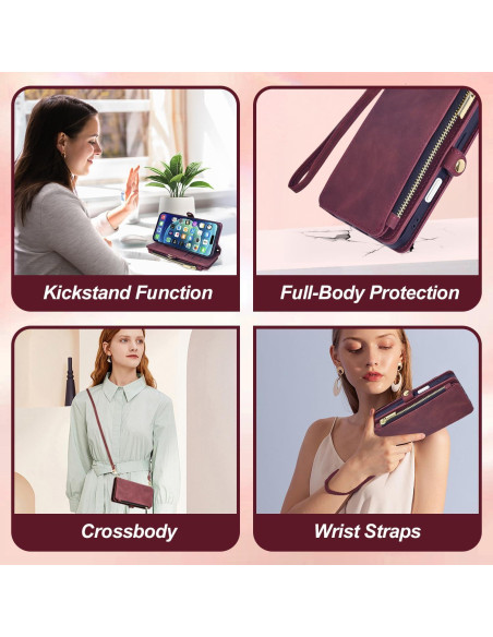 Funda Billetera OIMBWR para iPhone 16 Pro Max Rojo Vino