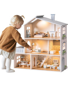 Casa de Muñecas ROBUD de Madera con 6 Habitaciones y Muebles 2