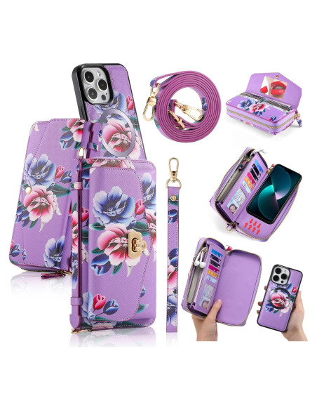 Funda Cartera Cruzada LITOU para iPhone 16 Plus Flor Púrpura