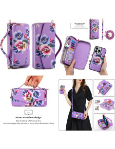 Funda Cartera Cruzada LITOU para iPhone 16 Plus Flor Púrpura 2