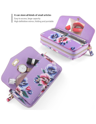 Funda Cartera Cruzada LITOU para iPhone 16 Plus Flor Púrpura