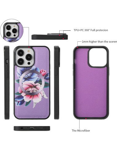 Funda Cartera Cruzada LITOU para iPhone 16 Plus Flor Púrpura