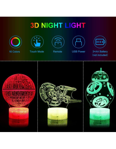 Luz Nocturna 3D ASDK LED 3 Patrones 16 Colores Niños