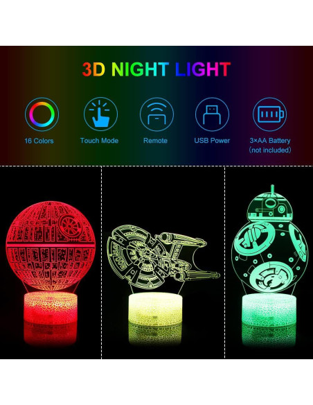 Luz Nocturna 3D ASDK LED 3 Patrones 16 Colores Niños