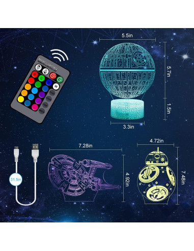 Luz Nocturna 3D ASDK LED 3 Patrones 16 Colores Niños