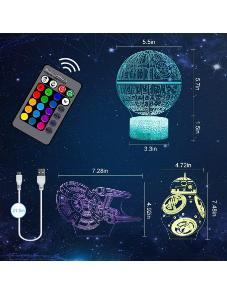 Luz Nocturna 3D ASDK LED 3 Patrones 16 Colores Niños