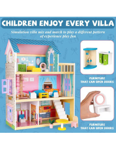 Casa de Muñecas de Madera WJZDY 3 Pisos con Muebles 2