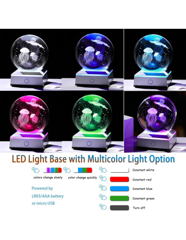 Esfera de Cristal K9 Medusa 8 cm con Base LED Multicolor
