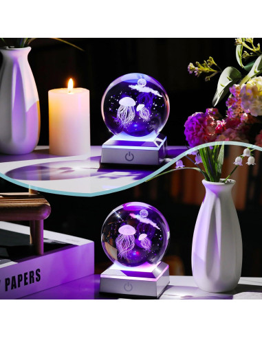 Esfera de Cristal K9 Medusa 8 cm con Base LED Multicolor