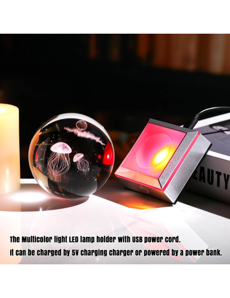 Esfera de Cristal K9 Medusa 8 cm con Base LED Multicolor