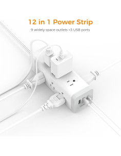 Regleta TESSAN 6 Pies 9 Salidas 3 USB Carga 1050J 2