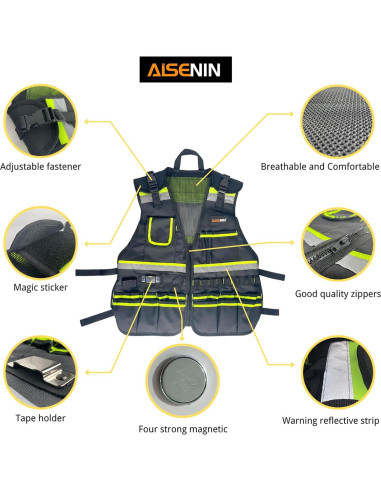 Chaleco de Seguridad Reflectante Verde Fluorescente con 17 Bolsillos