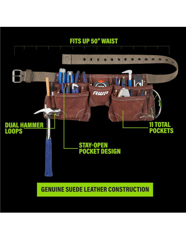 Delantal de Herramientas AWP Cuero Suede 11 Bolsillos Marrón