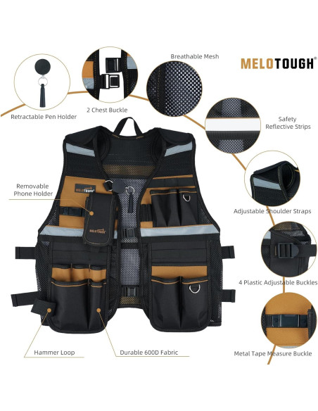 Chaleco de Herramientas MELOTOUGH Ajustable con 11 Bolsillos