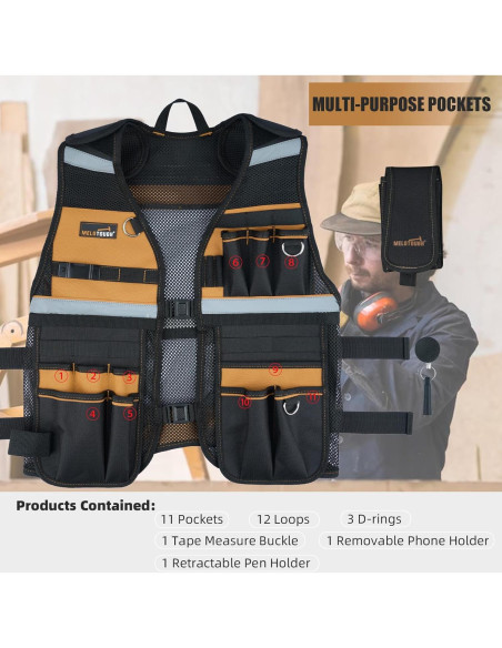 Chaleco de Herramientas MELOTOUGH Ajustable con 11 Bolsillos