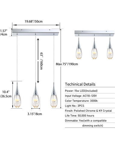 JoollySun Lámpara Colgante Cristal 3 Luces Moderna