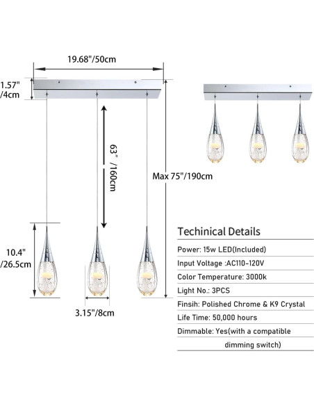 JoollySun Lámpara Colgante Cristal 3 Luces Moderna