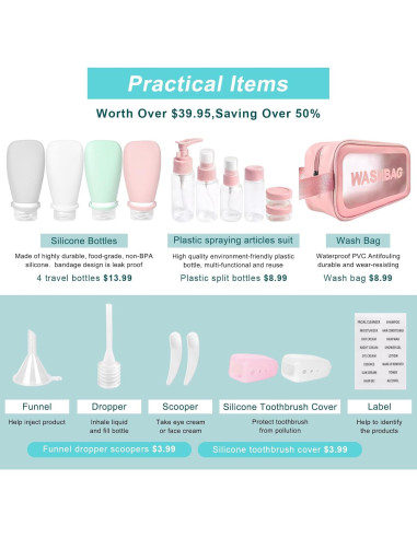 Set 18 Pzs Botellas de Viaje Silicona 90ml A prueba de Fugas