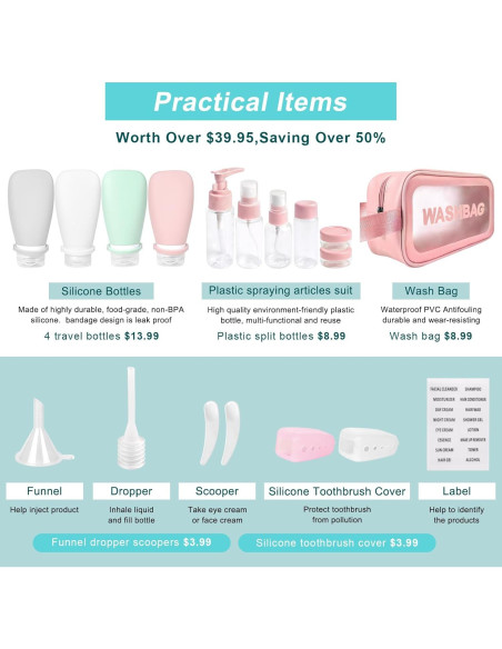 Set 18 Pzs Botellas de Viaje Silicona 90ml A prueba de Fugas