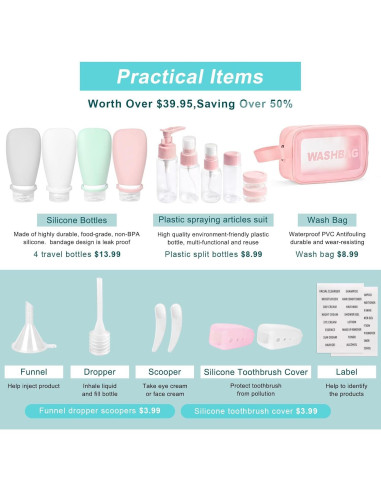 Set 18 Pzs Botellas de Viaje Silicona 90ml A prueba de Fugas