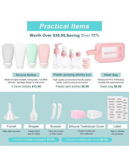 Set 18 Pzs Botellas de Viaje Silicona 90ml A prueba de Fugas