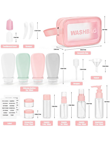 Set 18 Pzs Botellas de Viaje Silicona 90ml A prueba de Fugas