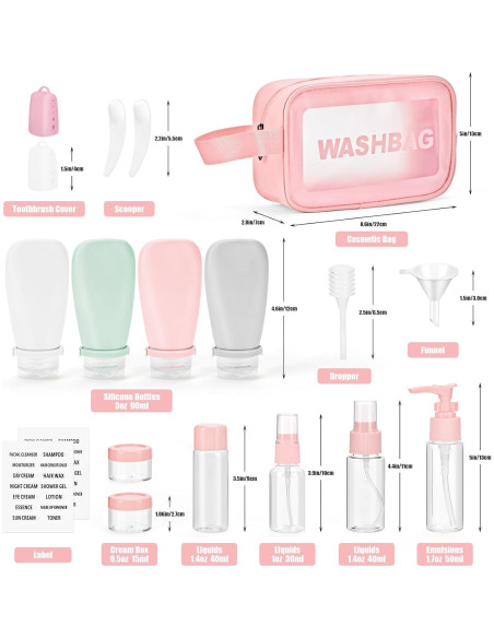 Set 18 Pzs Botellas de Viaje Silicona 90ml A prueba de Fugas