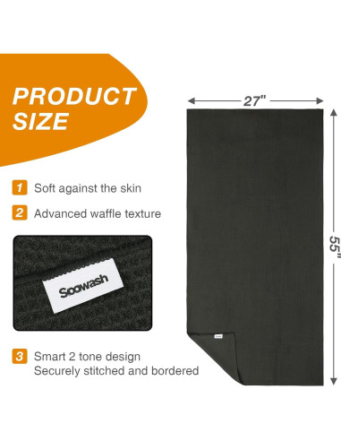 Toalla de Camping SOOWASH 3 Pzas Microfibra Negra 68x140cm