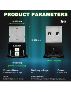 Mini Luz LED USB 2 PCS Suvnie, 8 Colores RGB, Brillo Ajustable 2