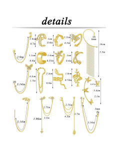 Aretes Cuff Tornito 17Pcs Cadena Serpiente Mariposa Hoja 2
