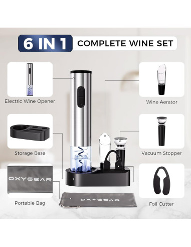 Juego de Abridor de Vino Eléctrico OXYGEAR 6 en 1 Acero Inoxidable