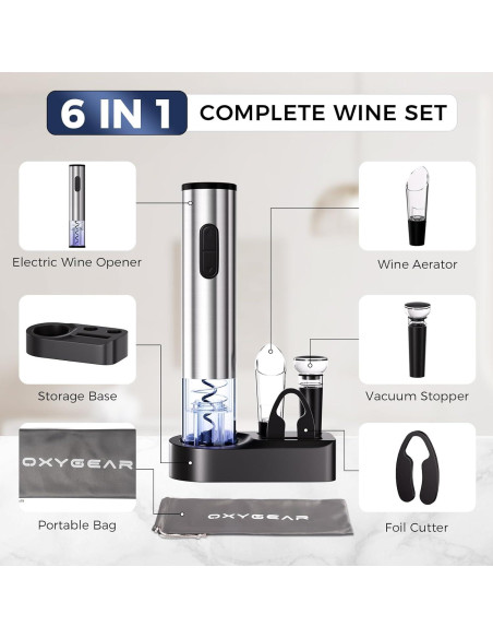 Juego de Abridor de Vino Eléctrico OXYGEAR 6 en 1 Acero Inoxidable Juego de Abridor de Vino Eléctrico OXYGEAR 6 en 1 Acero Inoxidable