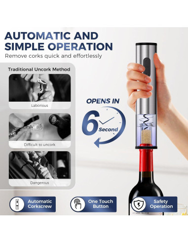 Juego de Abridor de Vino Eléctrico OXYGEAR 6 en 1 Acero Inoxidable